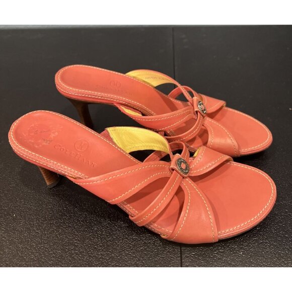 Cole Haan Kitten Heel Sandals Womens 7B Coral Leather Slides Strappy Y2K Charm - Picture 1 of 7